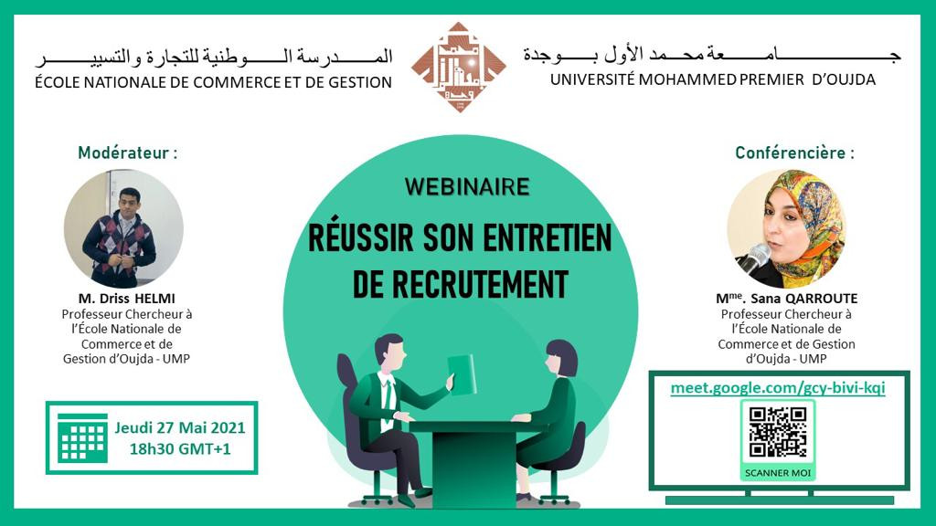 WEBINAIRE Réussir son entretien  de recrutement  le Jeudi 27 Mai 2021 18h30GMT+1